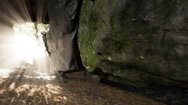 Sunlight filters gently through a narrow opening in a rocky cavern, illuminating the earthy path below. Moss covered stones frame the scene, creating a serene and inviting atmosphere.