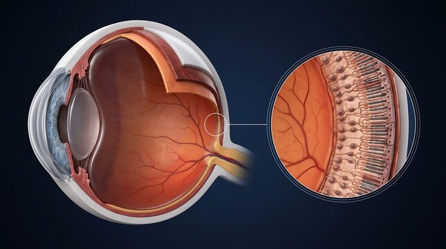 Detailed anatomical illustration of the human eye showing its internal structures and a magnified view of the retina with photoreceptor cells.