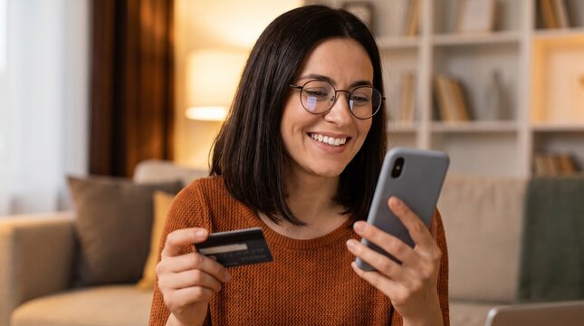 Smiling woman with glasses holding a credit card and looking at her smartphone with an online shopping confirmation on screen, suggesting a successful purchase