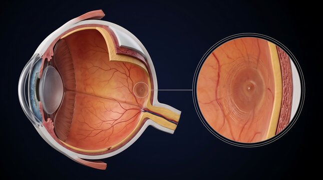 Detailed anatomical illustration of the human eye showing its internal structures and a magnified view of the macula and fovea.