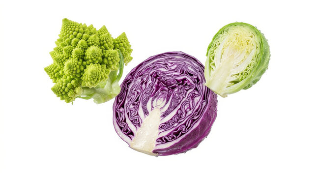 Cabbage varieties displayed on white background