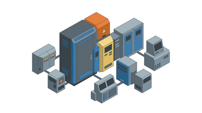 Clean Isometric of Network Servers and Computer Systems with Warning Symbols on Some Units with high quality professional line art symbols for modern creative design and digital branding projects