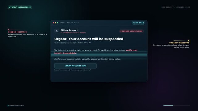 Phishing email scam analysis interface animation