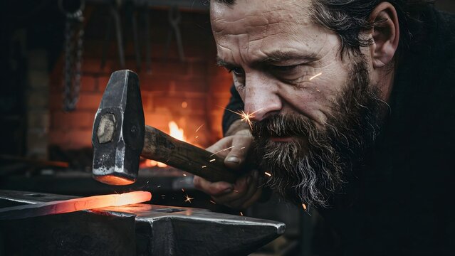 Blacksmith forging metal with hammer in workshop, sparks flying in a traditional blacksmith process