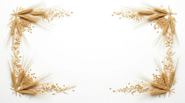 Golden wheat ears arranged in corner frame on white background