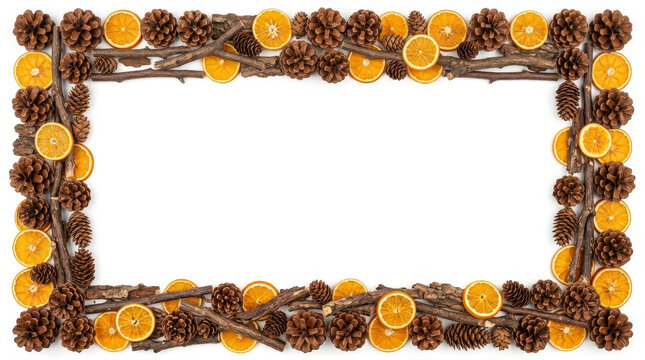 Pinecone and orange frame in rustic winter setting