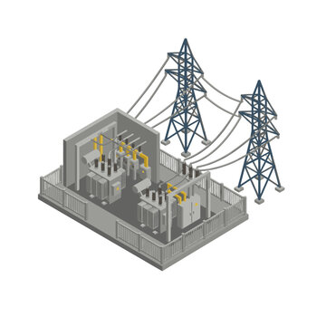 Industrial Substation with Power Transformers Electrical Equipment and Transmission Towers in Isometric View