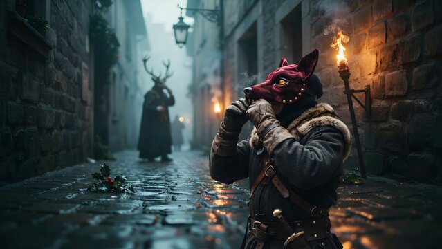 Mysterious figure in a wolf mask standing in foggy medieval street at night