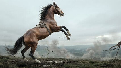 Fototapeta premium Powerful Horse Rearing Up on Hilltop with Dust and Cloudy Sky in Background