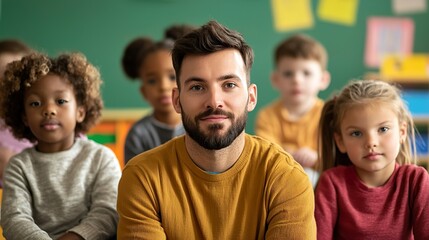 Obraz premium A male teacher engaging with a diverse group of elementary school children in a brightly lit classroom, interactive learning