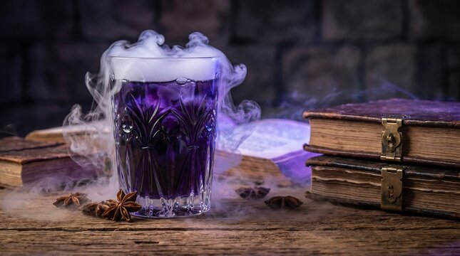 Purple magic potion with smoke on old books