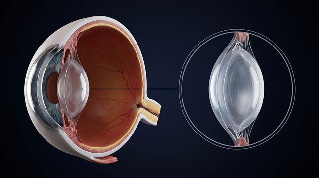 Detailed anatomical illustration of the human eye showing a cross-section and a magnified view of the crystalline lens.
