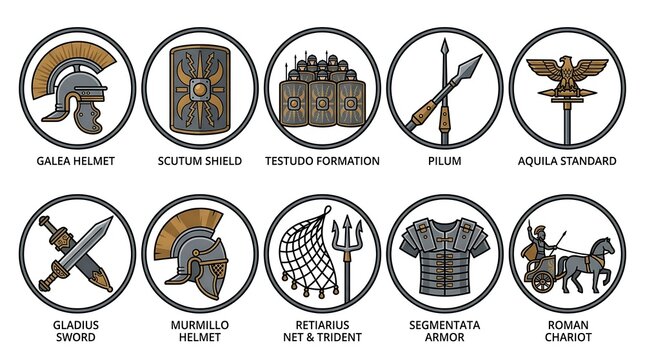 Roman Empire military icons set, ancient legionary equipment and armor collection, 10 historical warrior symbols for education