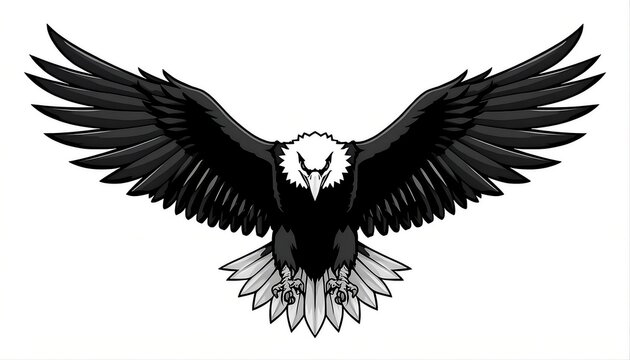 A fierce bald eagle spreading its wings, sharp feathers, powerful posture, dynamic composition, clean outlines, symmetrical vector design, bold graphic style, minimal shading