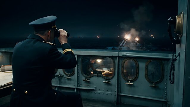 Military officer on ship bridge observing night sea with binoculars during nighttime