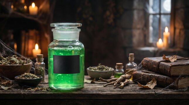 Green potion glass jar with blank label on wooden table