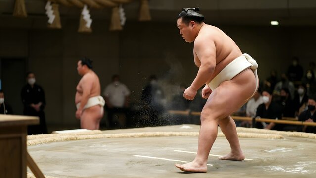 Traditional Japanese Sumo Wrestling Match with Two Wrestlers and Audience