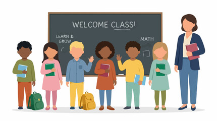 Obraz premium Diverse group of elementary school children and teacher in a classroom