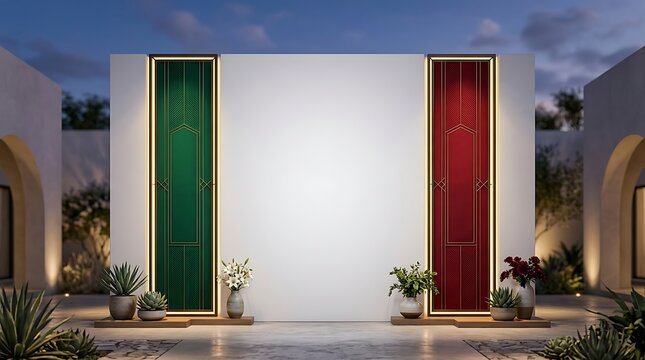 Mexico Independence Day Wall with green and red decorative panels stands in a modern courtyard at twilight.