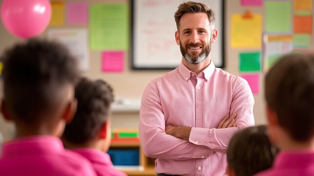 A male teacher engaging with a diverse group of elementary school children in a brightly lit classroom, interactive learning