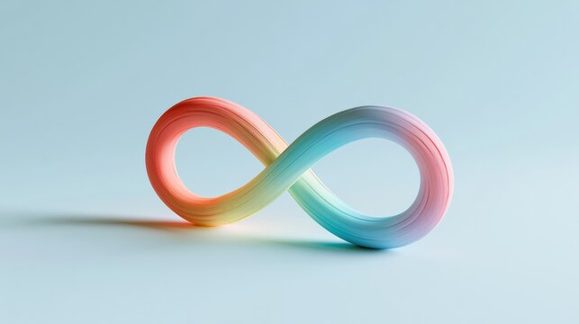 A rainbow infinity symbol made of soft clay glows gently, representing life and acceptance against a powder blue background.