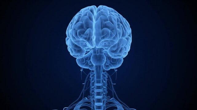 3D Animation of a Glowing Blue Human Brain and Nervous System on Dark Background