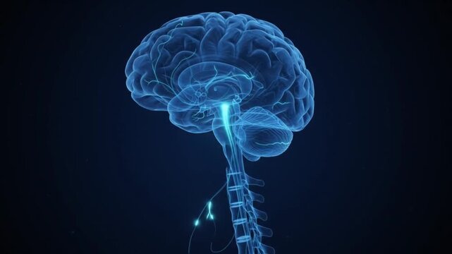 3D Animation of a Glowing Blue Human Brain and Spinal Cord on Dark Background