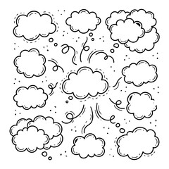 Obraz premium Set of various hand drawn speech bubbles and thought clouds, black and white line doodle style on white background