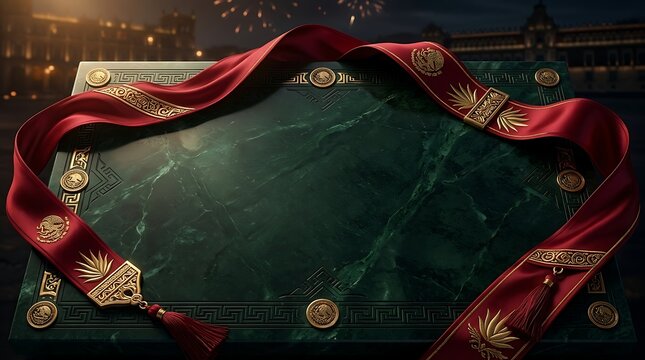 Mexico Independence Day Green marble slab bordered by a red silk ribbon with golden emblems lies flat under night fireworks.