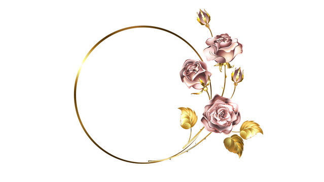 Elegant gold circular frame with dusty rose flowers, luxury floral wreath border, metallic golden ring with vintage roses for wedding invitations