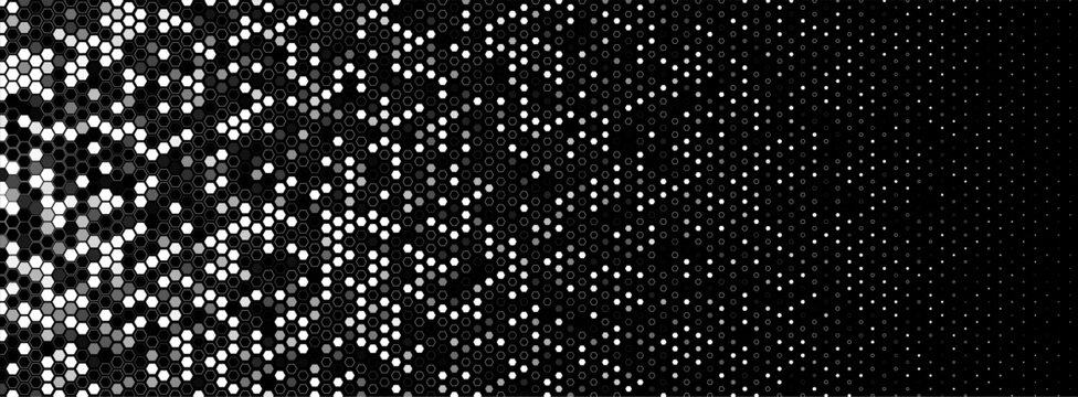 Hexagon halftone field dense left, fade right. Honeycomb mosaic tech vibe. Topics technology data. Use background banner UI cover print. Monochrome minimal geometric BG. Vector illustration