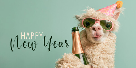Fototapeta premium happy new year 2027, new year's eve party celebration animal greeting crad with text - Funny alpaca with a champagne bottle, isolated on turquoise background