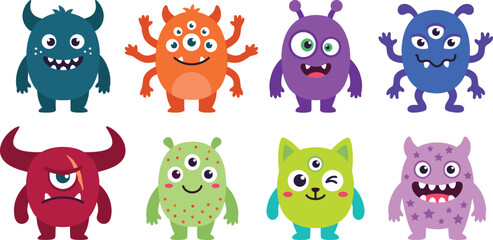 Fototapeta premium Colorful Cute Monster Character Collection with Fun Expressions for Kids Cartoon Designs
