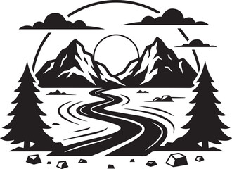 Fototapeta premium Mountain landscape with winding river and sun vector illustration isolated on white background, outdoor adventure t-shirt print emblem
