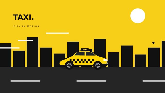 Yellow taxi driving through stylized city skyline animation