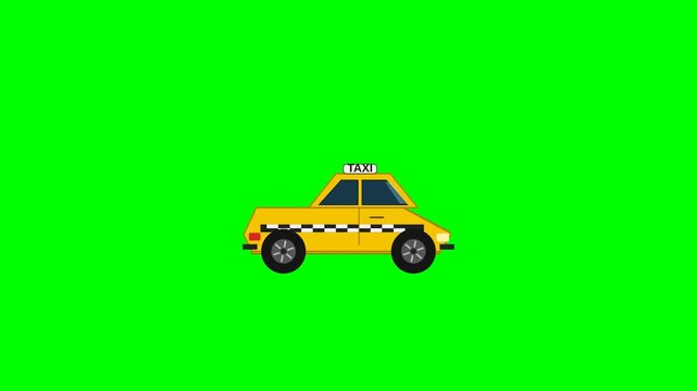Yellow taxi cab driving on green screen background animation