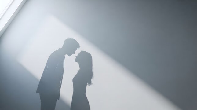 Minimalist artistic silhouettes of a young couple casting shadows on a white wall, representing love, connection, intimacy, and romantic moments in a bright setting.