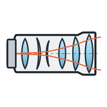 Camera lens cutaway diagram optical elements cross section on transparent background