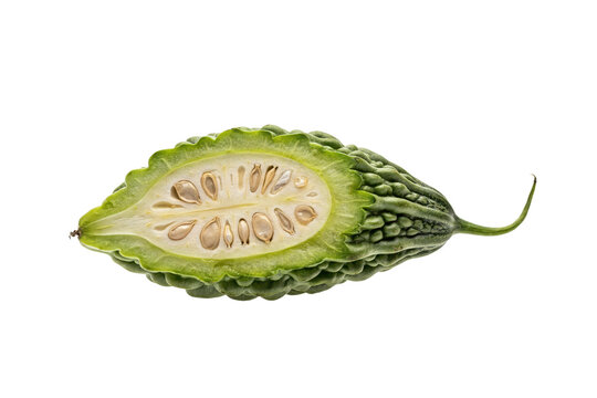 A single half of a fresh green bitter melon showing internal seeds and textured skin on a white background, isolated on a, transparent background