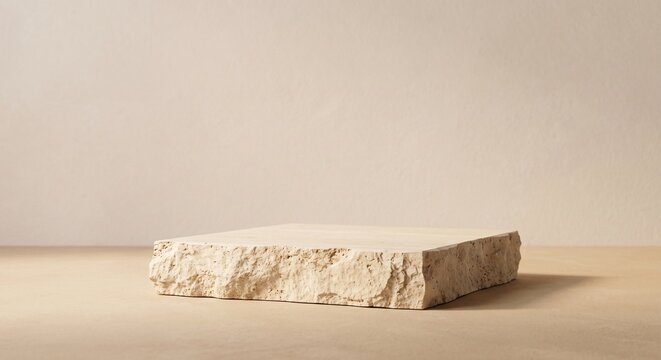 Minimalist raw chiseled travertine stone block product podium on sandstone for luxury cosmetic display