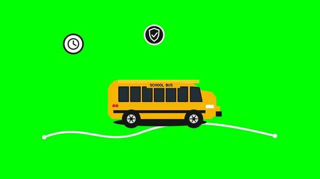 School bus driving with education and safety icons on green screen