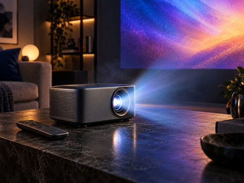 Portable mini projector with cinematic light beam in modern home