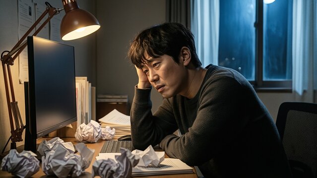 Business - Tired asian man working at desk with crumpled paper late at night