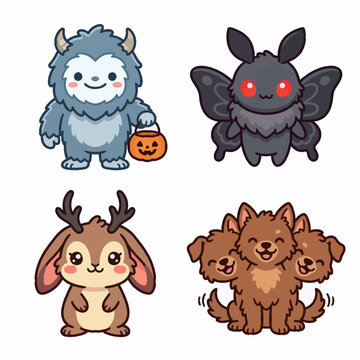 Kawaii Cryptid Set: Bigfoot, Mothman, Jackalope, Cerberus