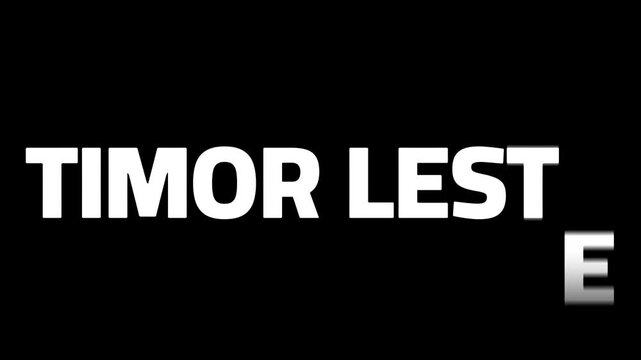 Bold white typographic design displaying the text Timor Leste with a stylized glitch effect on black