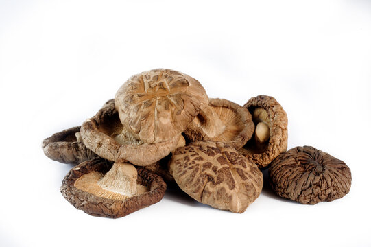 dried shiitake mushrooms on white background