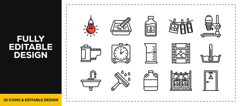 flat vector illustration line art icon bundle set design containing vintage film darkroom tools analog photo developing trays negative clips and enlargers