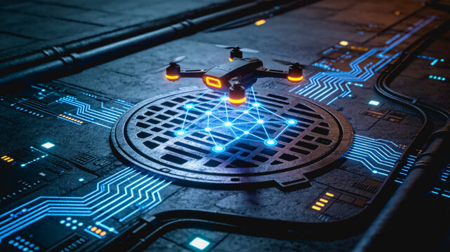 Drone Hovering Above Futuristic Circuit Interface with Network Connection