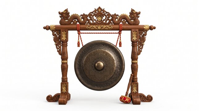 Traditional Indonesian metal gong on an ornate carved wooden stand with mallet isolated on white background