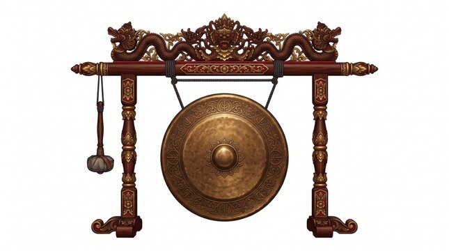 Intricately carved wooden stand with a large bronze gong and mallet, representing traditional Asian music and cultural heritage illustration